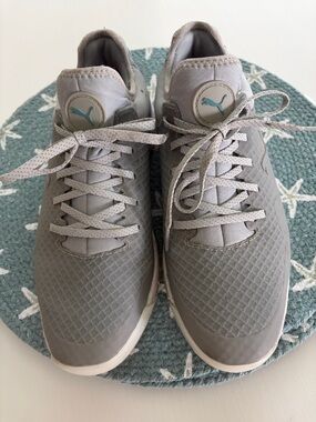 Puma Light Gray Waterproof Golf Shoes with Teal Logo